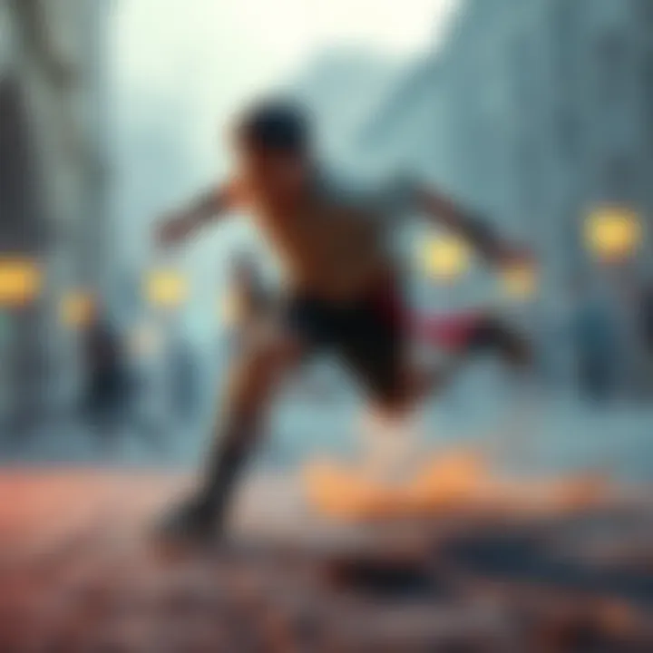 A character named Alecto demonstrating running techniques in a combat setting, showcasing agility and timing during intense battles.