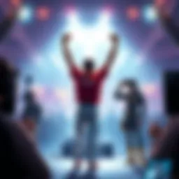 Russel stands with arms raised in victory while AvergeHarry looks on, both in a gaming setting during Esfand's stream