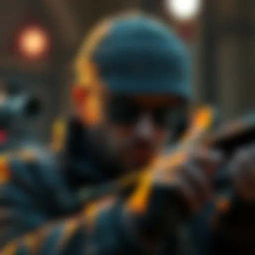 A Russian spy character in a tense moment, softly humming a recognizable tune from the Huntress while looking around cautiously.