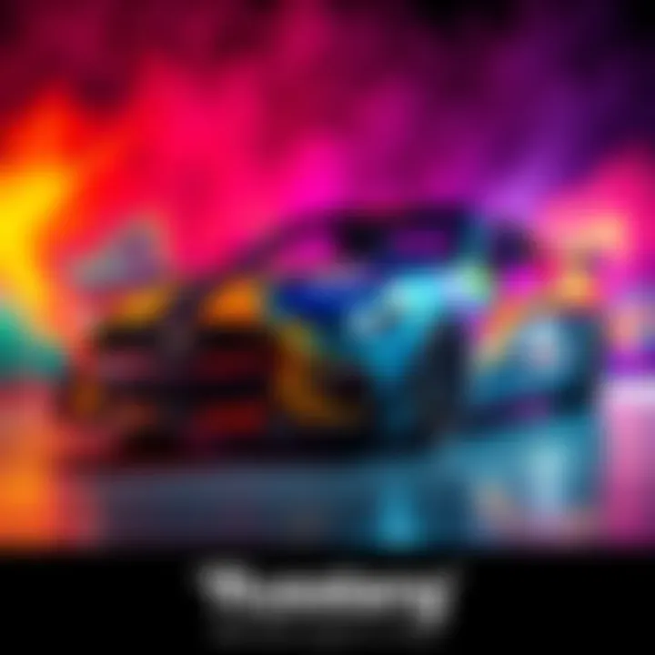 Rustang Car with Colorful Paint Layers A vibrant car named Rustang showcasing a stunning surface with 8,715 layers of paint, featuring a racing livery design.