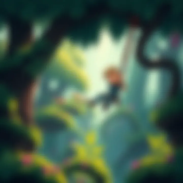 Character using grappling hook in fairy tale world A character swings through a vibrant pixel art forest using a grappling hook, surrounded by whimsical elements and lush greenery.