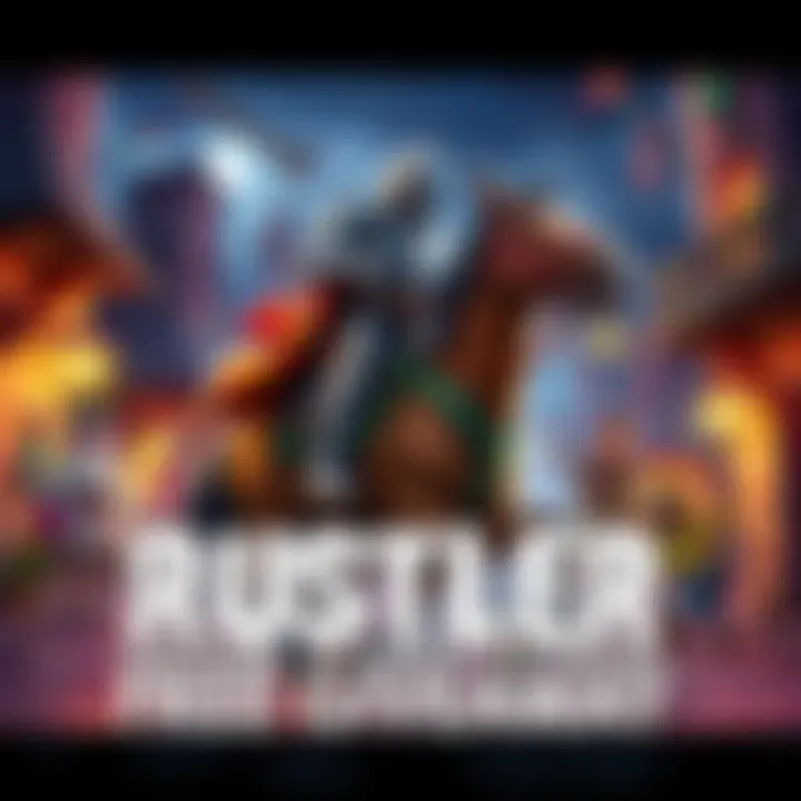 A knight on horseback causing chaos in a medieval town, surrounded by playful characters and comical elements.