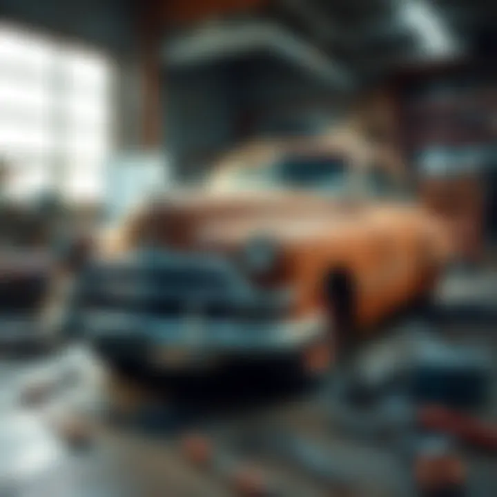 A vintage rusty car in a garage with tools around it, showcasing the excitement of upgrades.
