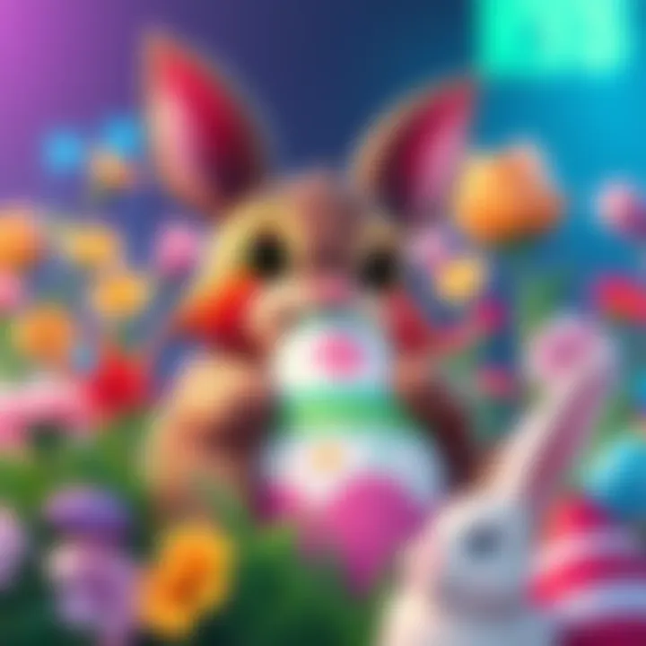 A colorful illustration of an RVB character holding an Easter egg, surrounded by festive decorations like flowers and bunnies, celebrating the holiday spirit.