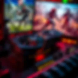Close-up of an RX 6950 XT graphics card on a gaming setup, showcasing its design and cooling system, with a monitor displaying a popular game