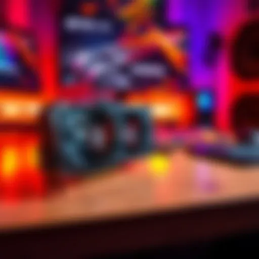 Close-up of an RX580 graphics card resting on a wooden desk with gaming setup in the background