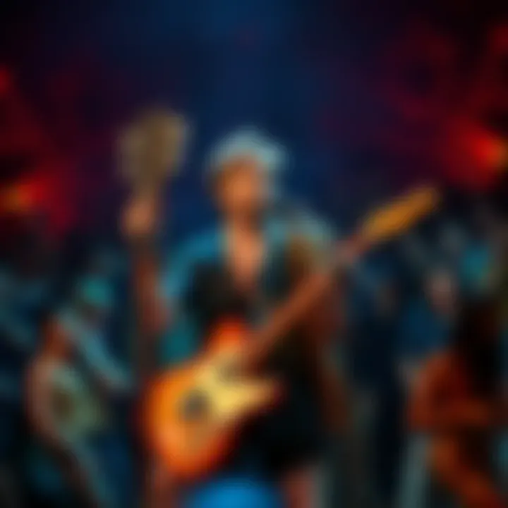 Ryan Lott surrounded by tribal instruments, showcasing his unique sound, with an energetic crowd in the background