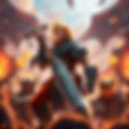 Rykard stands confidently with his weapon drawn, surrounded by allies and adversaries in a tense confrontation for the throne.