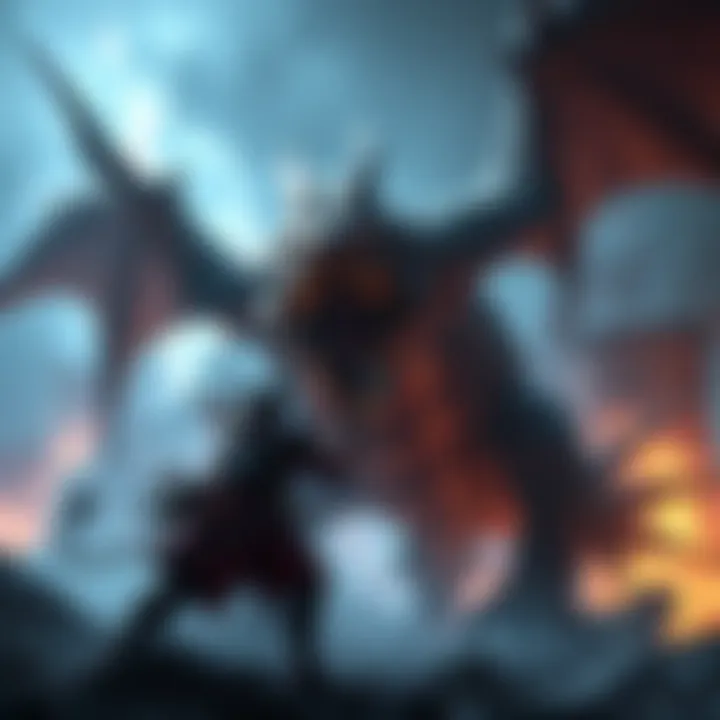 An intense battle scene showcasing a character facing Rykard, a giant serpent-like creature, in a dark fantasy setting.
