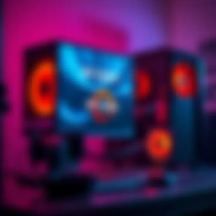 A gaming computer setup featuring a Ryzen 9 9950X3D processor with high temperatures displayed on the screen during gameplay.