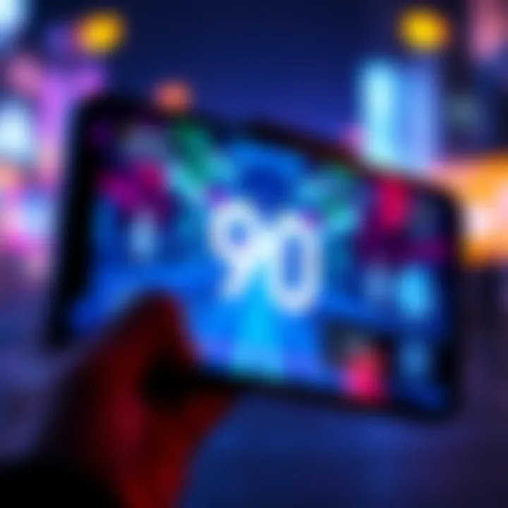 Close-up of an S23 phone screen showing a game or app running at 90 FPS, with graphics indicating frame rate settings