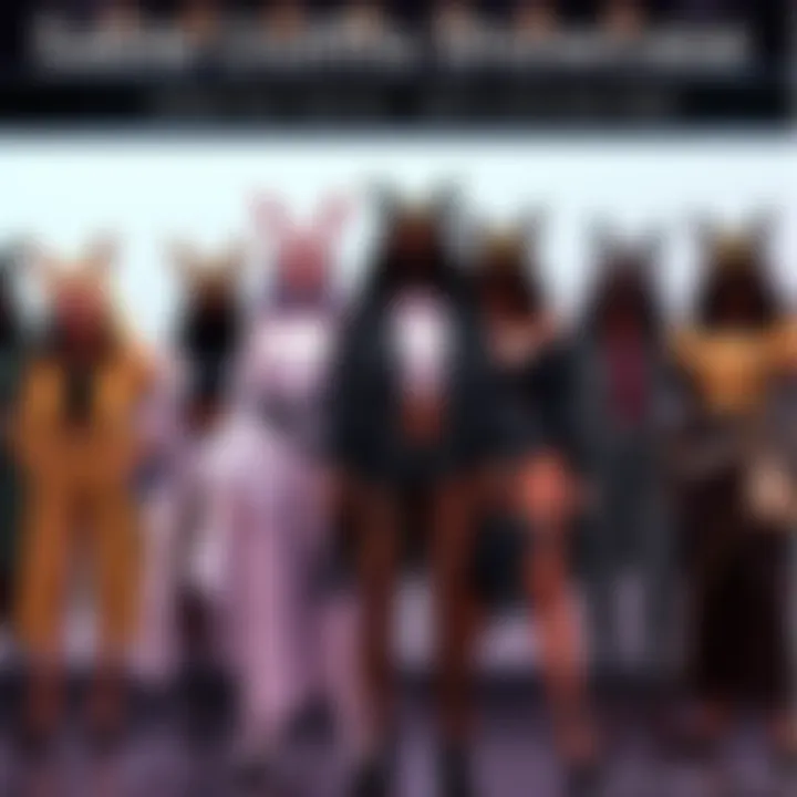 A display of various stylish Sable outfits paired with unique event masks, highlighting their fashionable designs.