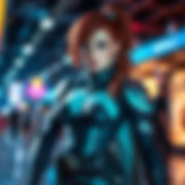 A skilled cosplayer dressed as Sable Ward, showcasing intricate costume details and vibrant colors, standing confidently in a lively atmosphere.