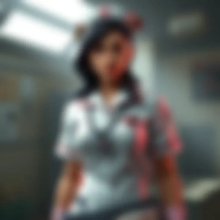 A character dressed in a white nurse outfit, with a vintage style and dark hair, standing in a gaming environment, looking for help.