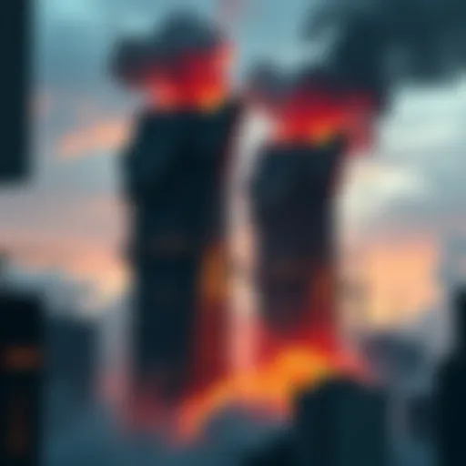 A view of the damaged Oscorp towers with smoke and debris, symbolizing the sabotage incident.