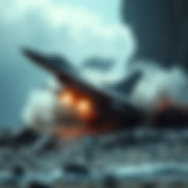 A Sabre fighter jet attempting to land on the rocky terrain of Reach, with smoke and debris around it.