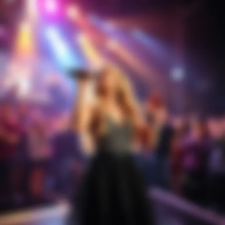 Sabrina Carpenter Performing Live Sabrina Carpenter singing on stage at a concert with bright lights and fans cheering