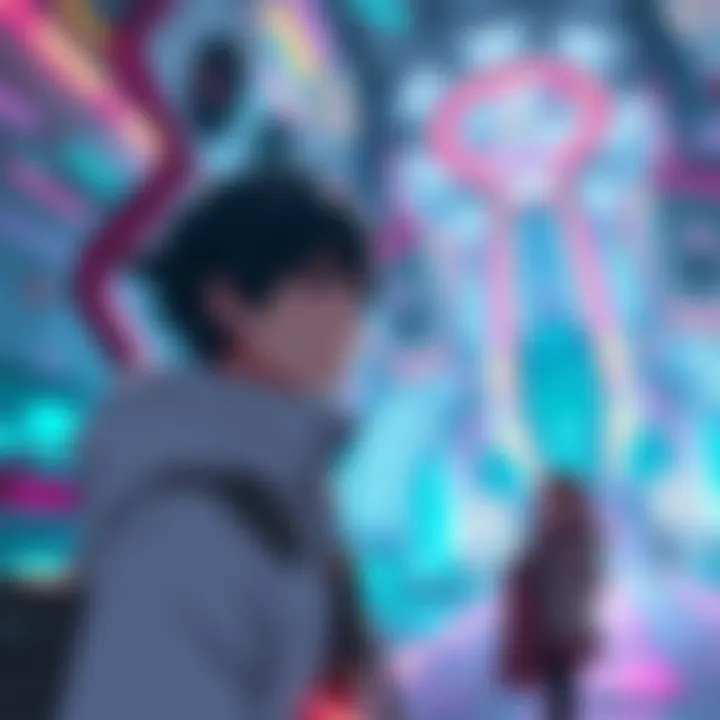 Saburo at Crystal Palace A character named Saburo exploring the Crystal Palace, a futuristic space station with high-tech features and vibrant lights.