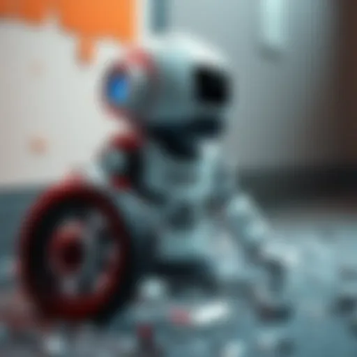 A sad cleaning bot with a broken wheel A cleaning robot looking dejected with a broken wheel, surrounded by bits of debris, illustrating the impact of mistreatment.