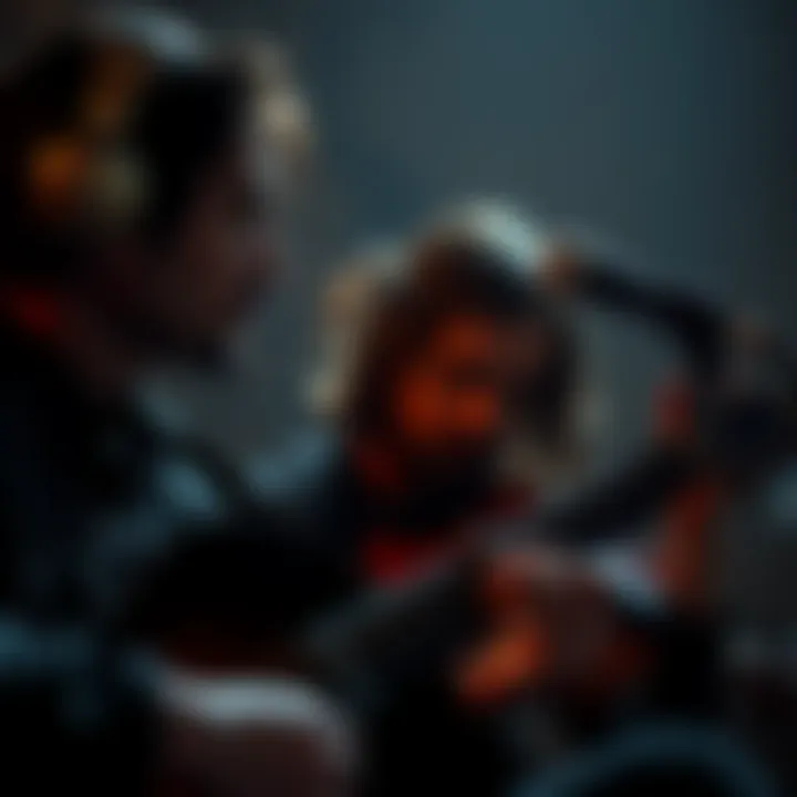 Sad duo sharing a moment A close-up of two musicians playing somber melodies together, capturing their emotional connection through music.