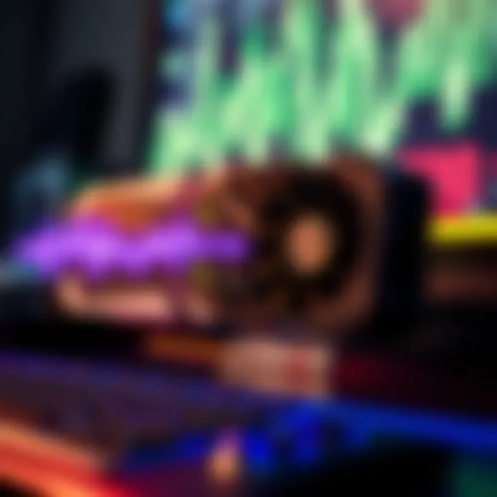 A close-up of a graphics card with sound waves indicating noise, set against a computer background