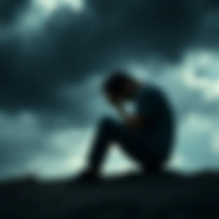 A person sitting alone with their head down, reflecting feelings of sadness and distress, surrounded by dark clouds.