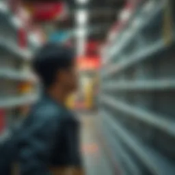 A person looking at empty store shelves with a sad expression, reflecting on the end of the summer sale.