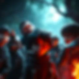 Sad video game characters A group of video game characters in a somber setting, expressing emotions of sadness and loss.