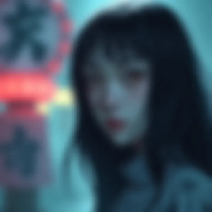 Sadako, a ghostly figure with long dark hair, stares with a haunting expression, representing her character from Ringu 2.