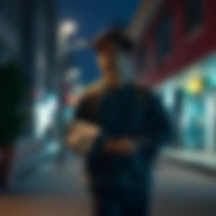 A person holding a small bag while walking at night in Stella, looking aware of their surroundings.