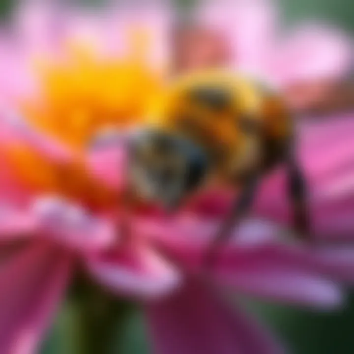 Safe Bee Form in Nature A close-up of a calm bee on a flower, showcasing its vibrant colors and gentle demeanor, symbolizing safety in nature.