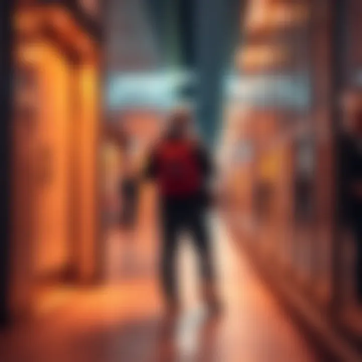 A person practicing safety measures, such as locking doors and checking surroundings before walking, in a city setting.