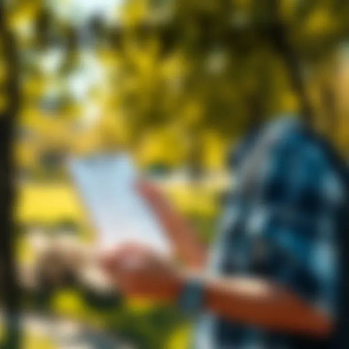 A person showing safety tips with a list on a clipboard in a sunny park setting.