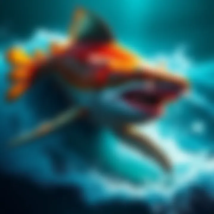 A Sahuagin, a creature resembling a humanoid fish, demonstrates its Shark Telepathy ability while surrounded by ocean waves.
