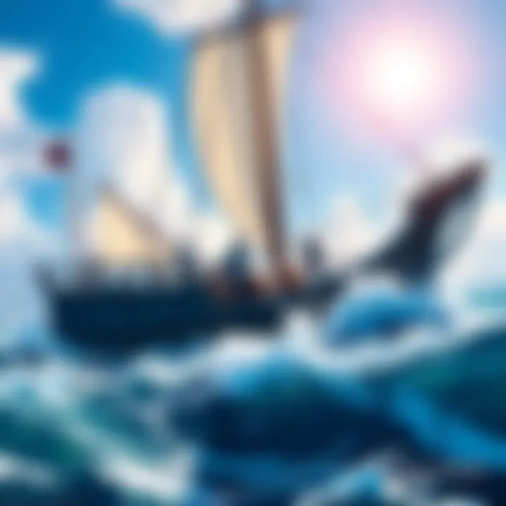 A vibrant scene showing sailors on a ship, with waves splashing and a bright sky overhead, representing naval gameplay ideas.