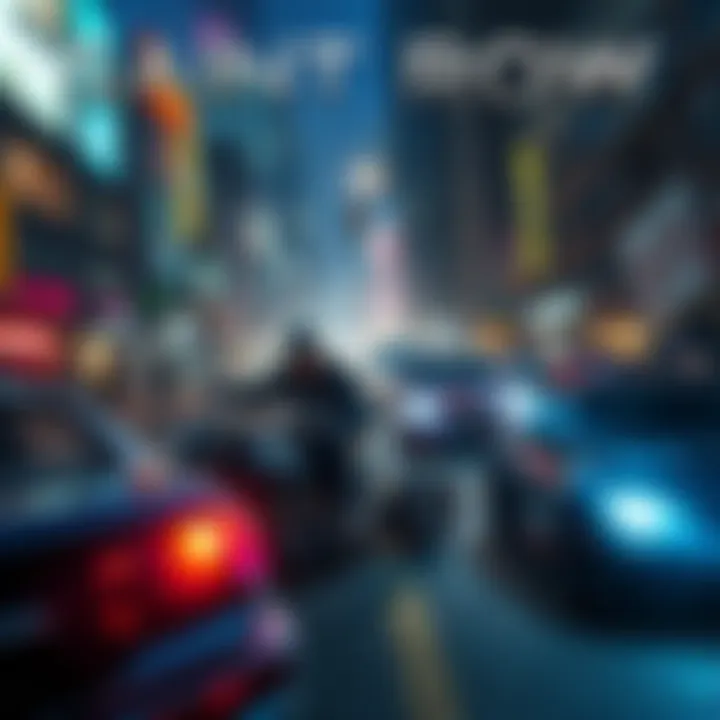 Concept art featuring characters and vehicles inspired by the Saint Row video game series, set in an urban environment