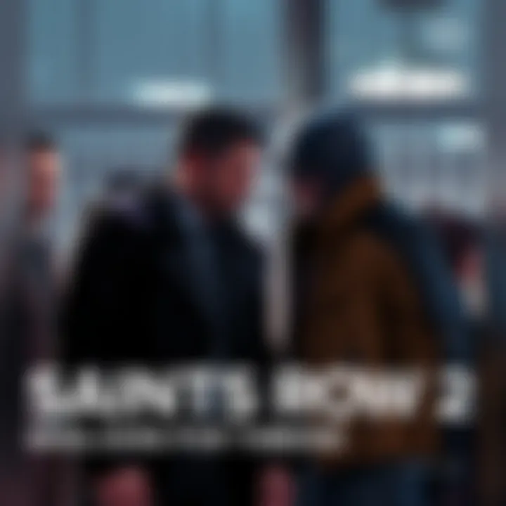 Saints Row 2 Mission Scene A dramatic scene from Saints Row 2's second mission, showing the main character engaged in dialogue, highlighting timeline conflicts with other characters; a prison backdrop adds to the tension.