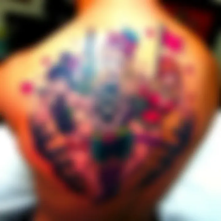 A vibrant tattoo featuring Genki and the Genki Girls from Saints Row 3, showcasing a tiki design. The tattoo is fresh and will have color added later.