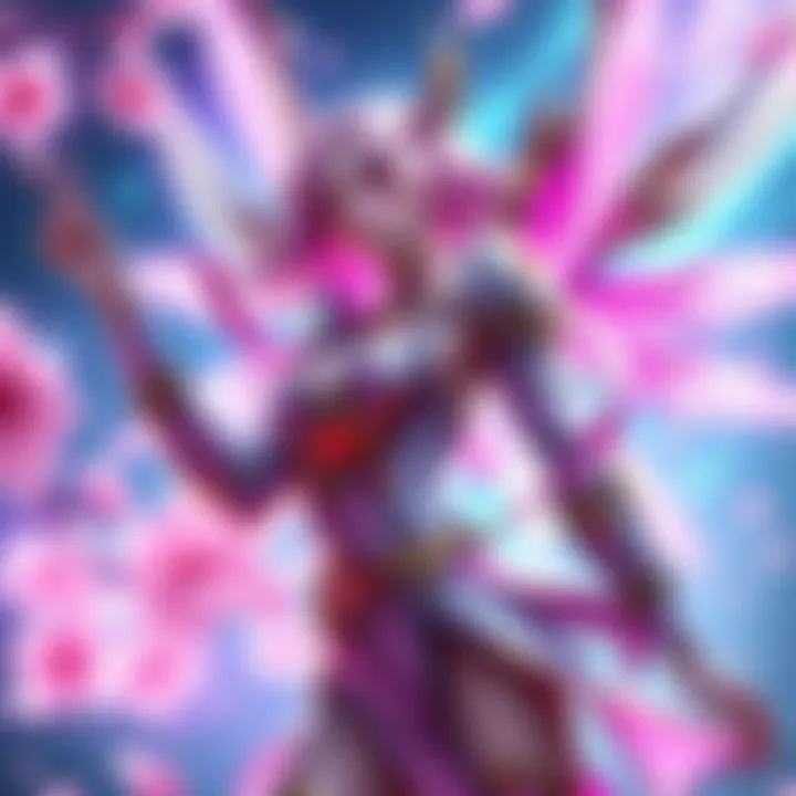 Concept art of the Sakura Mercy skin showcasing a character in a cherry blossom-themed outfit with vibrant colors and magical effects.