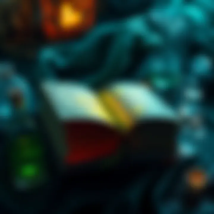 A magical spellbook associated with Salazar Slytherin, opened to reveal glowing spells and charms, surrounded by dark, mystical symbols and potions.