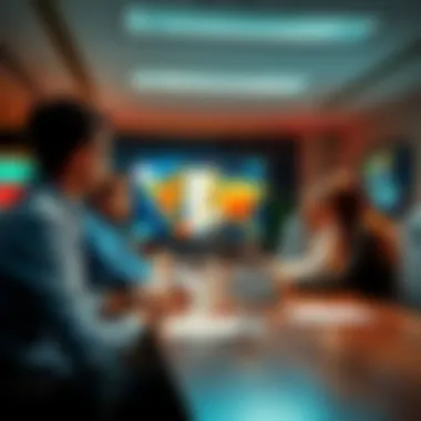 A group of people discussing sales reports and market availability in a meeting room