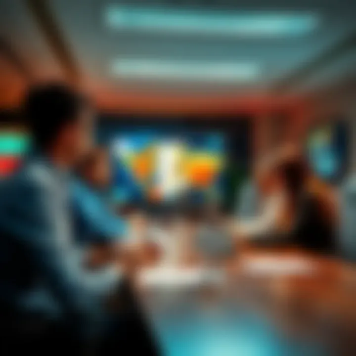 A group of people discussing sales reports and market availability in a meeting room
