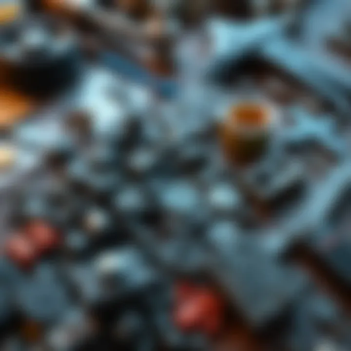 A collection of gray rarity salvage materials and components laid out for examination, with tools and crafting elements nearby.