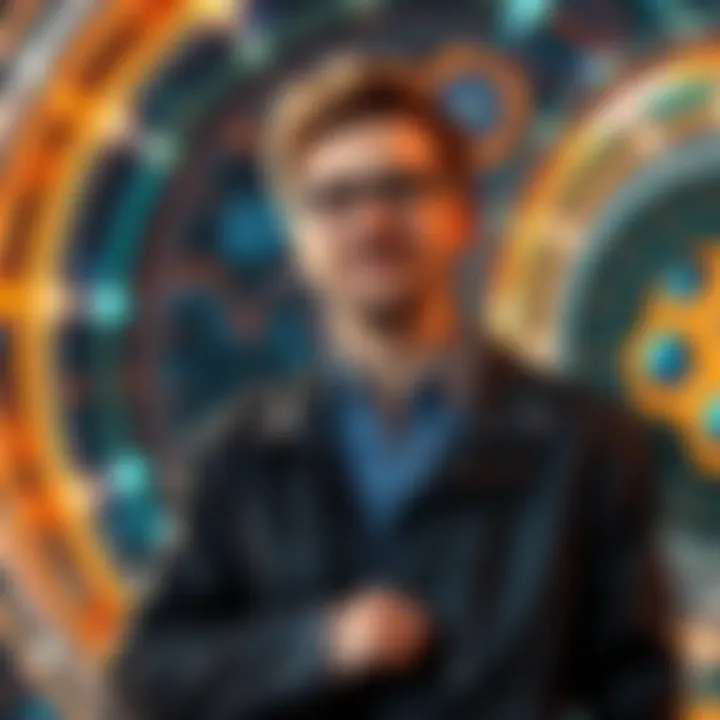 Sam Altman stands confidently in front of a futuristic backdrop with technology and AI themes, symbolizing his leadership in artificial intelligence.