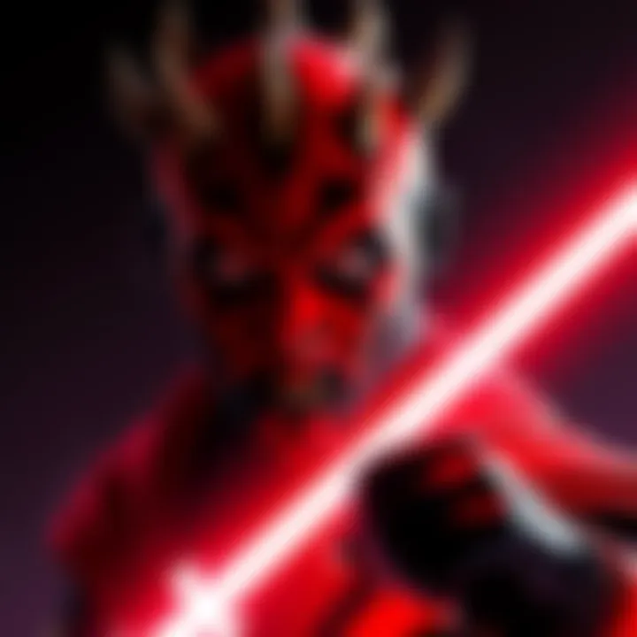 Sam Witwer in costume portraying Darth Maul, showcasing the character's iconic appearance with red and black face paint and a double-bladed lightsaber.