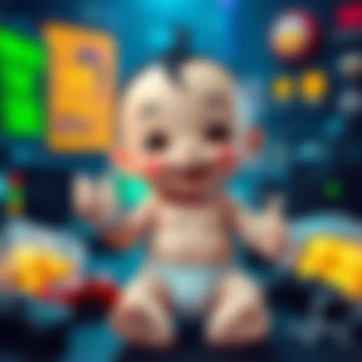 A cartoon character Sam dressed in a diaper with a playful smile, mimicking a baby style, surrounded by video game elements.