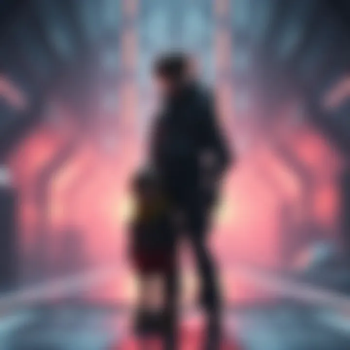 Sam standing with a child-like figure (BB) in a futuristic setting, showcasing their bond and shared journey in Death Stranding.