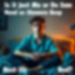 A young man sitting on his bed looking sleepy and unwashed, with messy hair and casual clothes, pondering whether to shower before sleep.