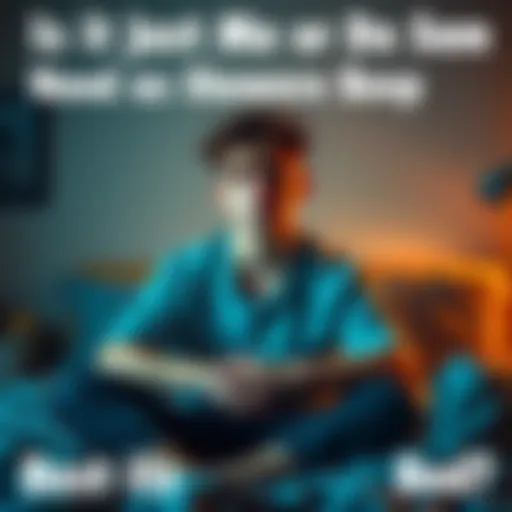 A young man sitting on his bed looking sleepy and unwashed, with messy hair and casual clothes, pondering whether to shower before sleep.