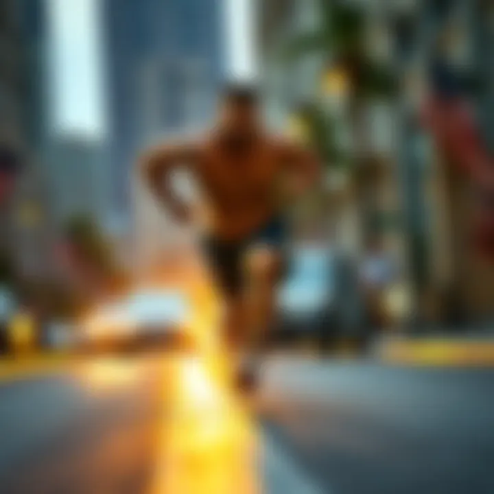 A big-bodied Samoan sprinting quickly down a city street, with onlookers watching in surprise.